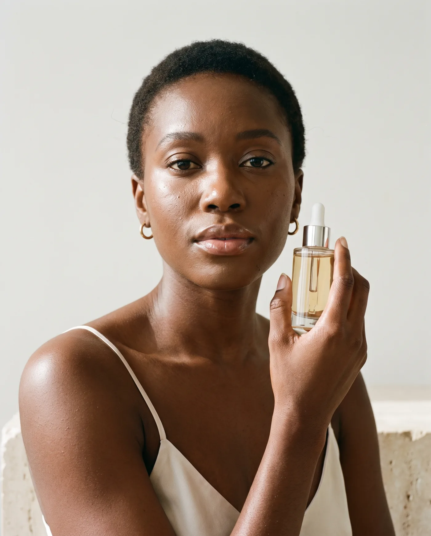 A woman holding a glass serum bottle near her cheek